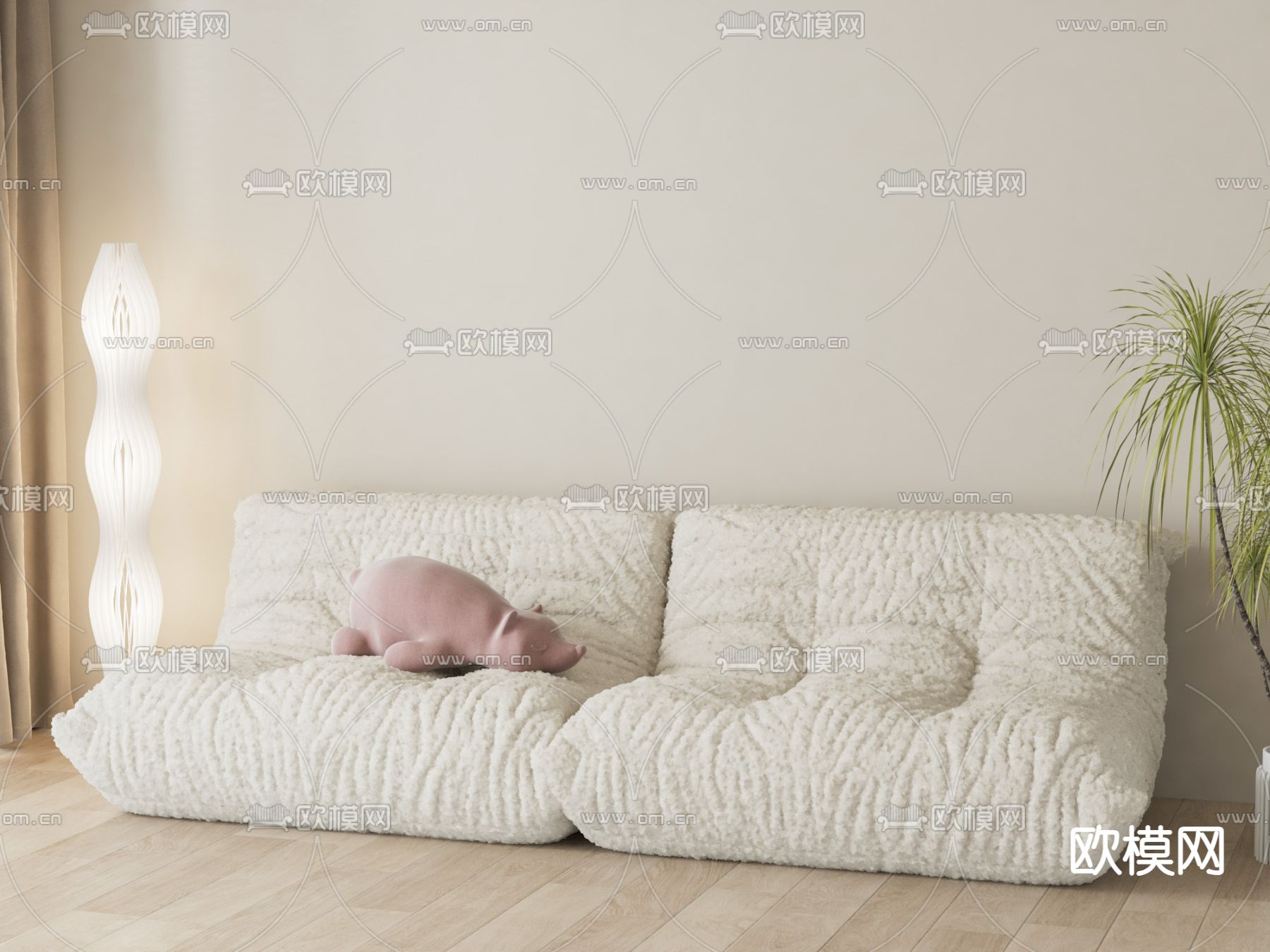 奶油风沙发 双人沙发su模型下载（渲染图1）