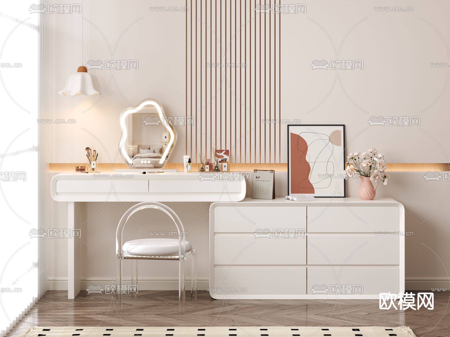 奶油风梳妆台 化妆桌3d模型下载