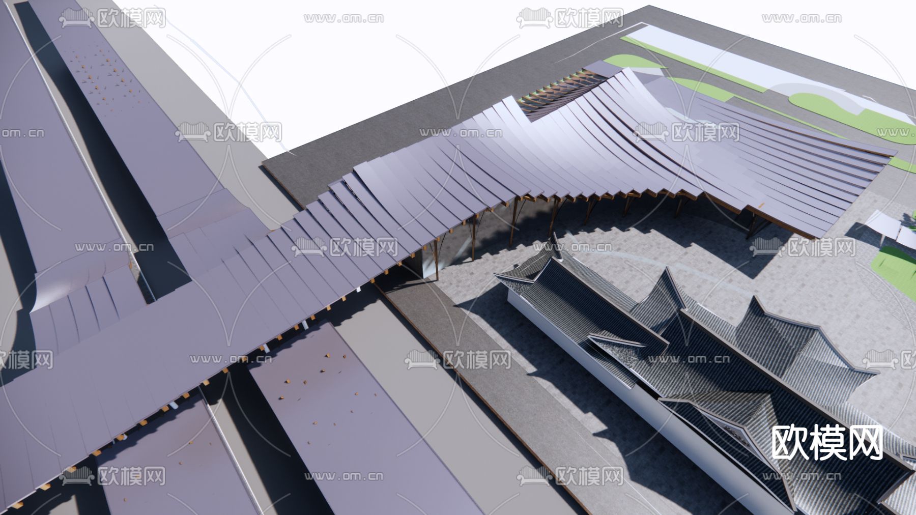 新中式高铁站 过街天桥su模型下载（渲染图3）