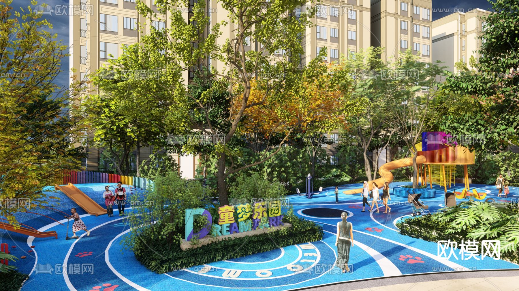 现代海洋主题儿童游乐区 儿童活动器械su模型下载（渲染图2）
