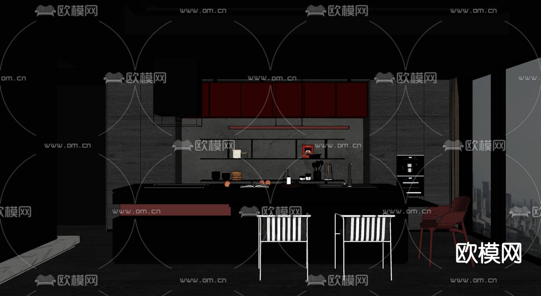 开放式厨房 橱柜su模型下载（渲染图2）