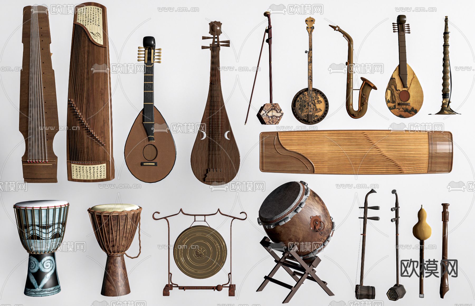 中式乐器 古筝 古琴 腰鼓su模型下载（渲染图1）