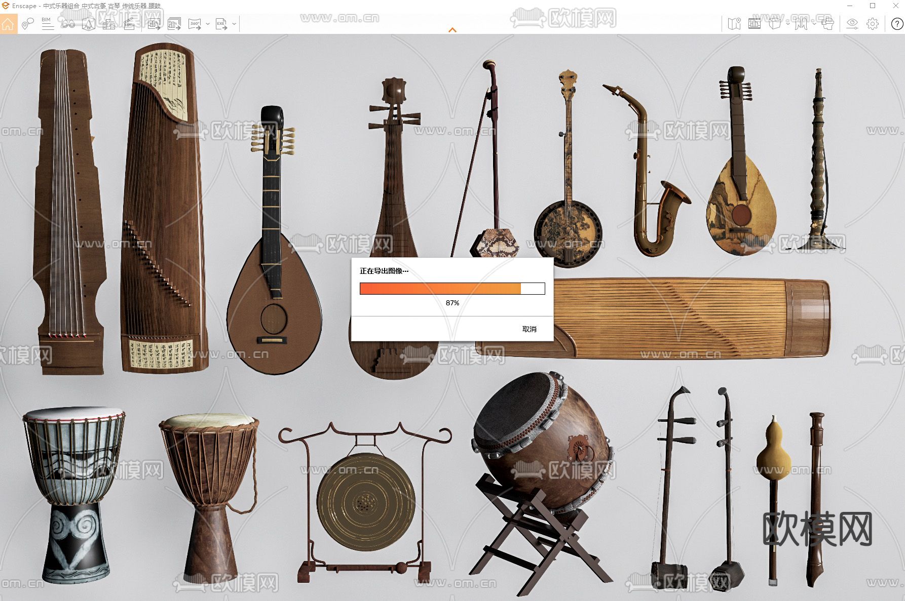 中式乐器 古筝 古琴 腰鼓su模型下载（渲染图3）