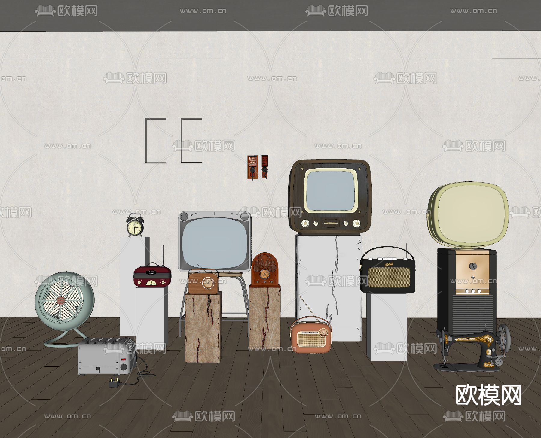 复古风电器 电风扇 电视机 收音机su模型下载（渲染图2）