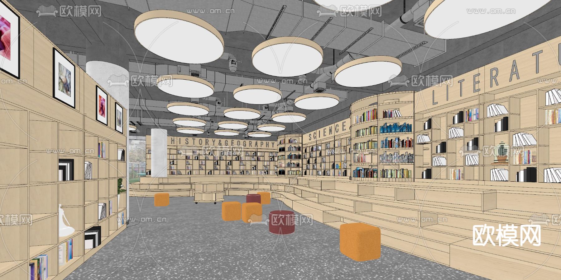 现代图书馆 阅览室 书吧su模型下载（渲染图2）