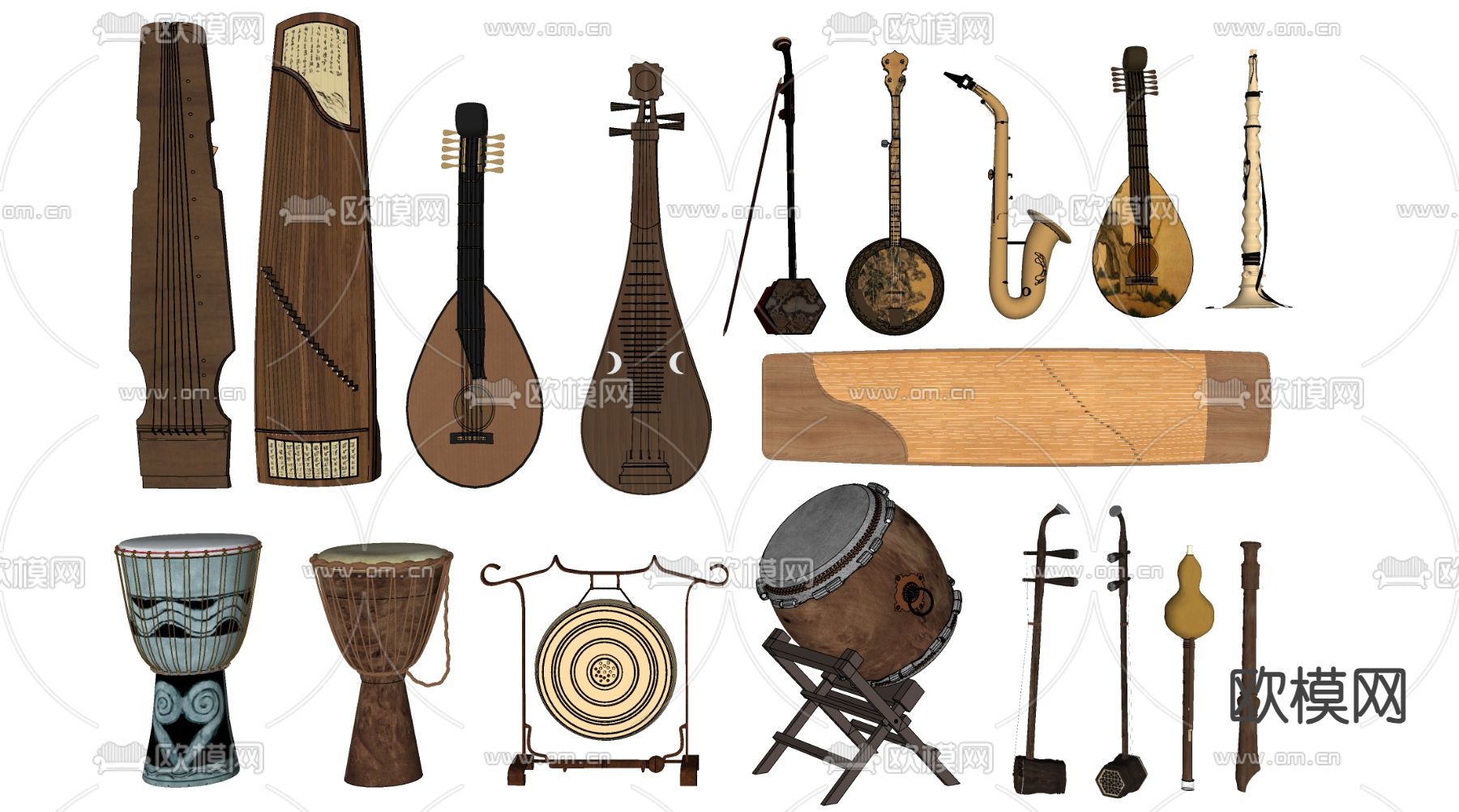 中式乐器 古筝 古琴 腰鼓su模型下载（渲染图2）