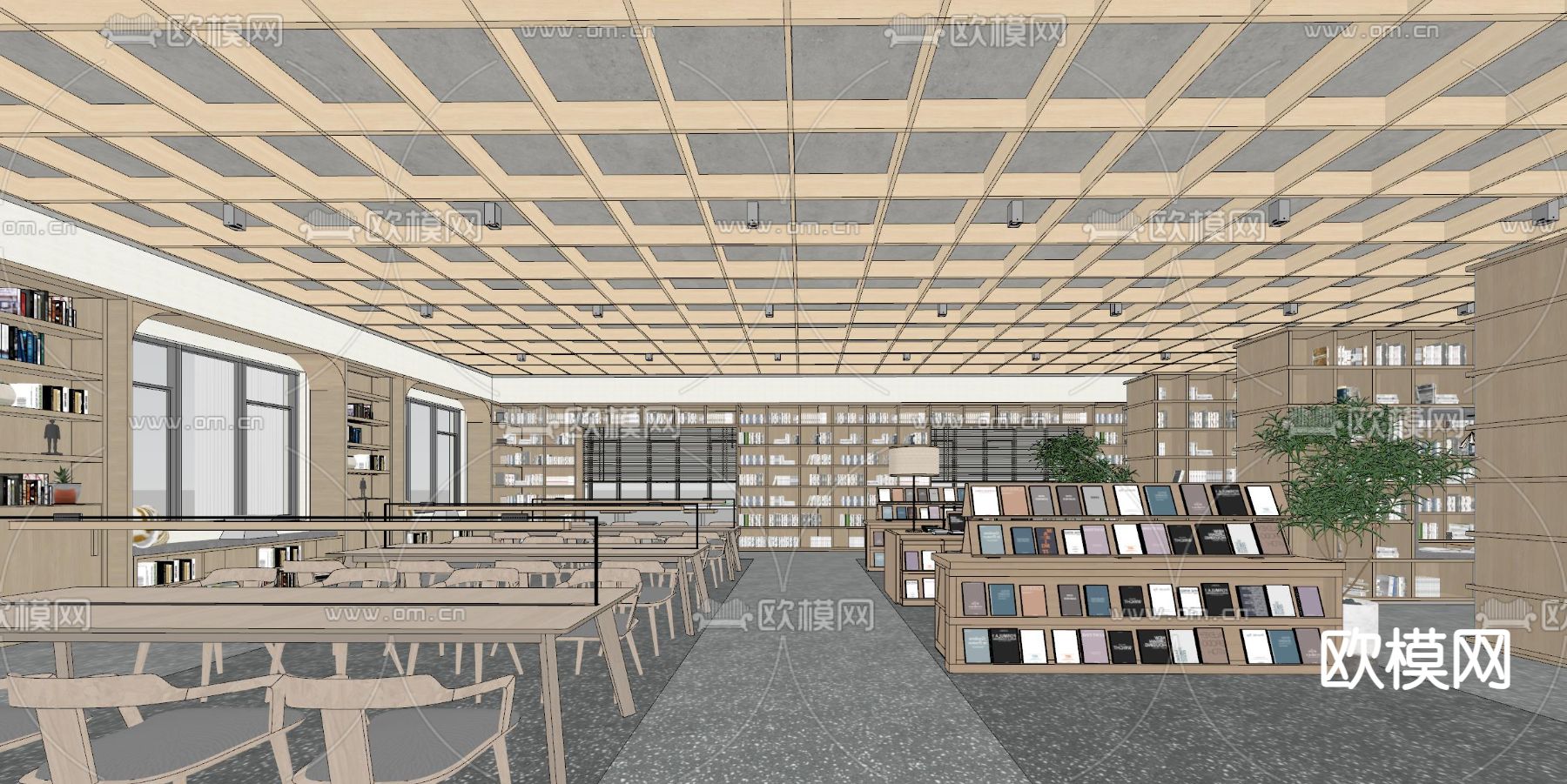 现代图书馆 阅览室 书吧su模型下载（渲染图2）