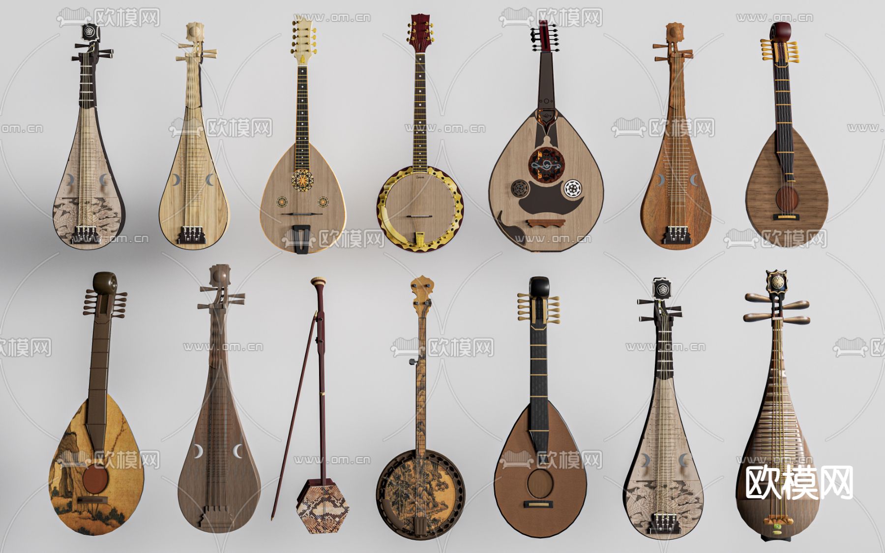 中式乐器 古筝 古琴 腰鼓su模型下载（渲染图1）