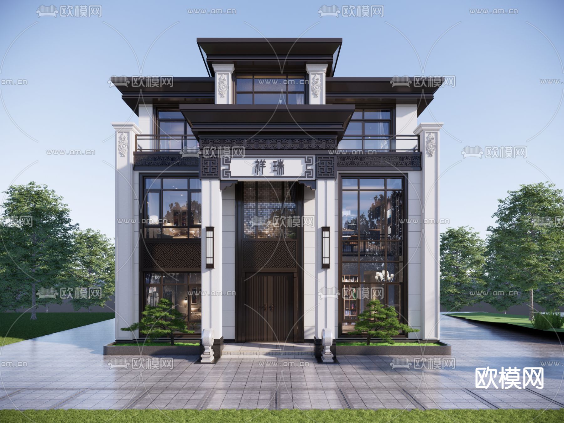 新中式别墅 自建房su模型下载（渲染图1）