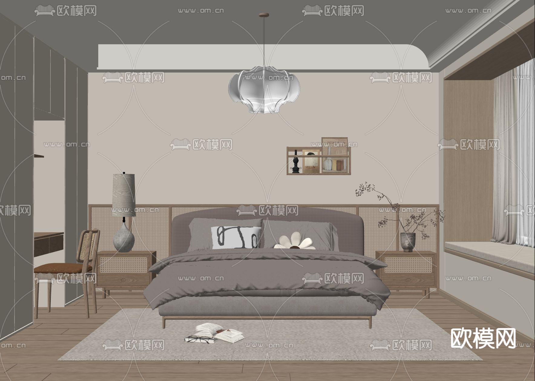 侘寂风卧室 主卧 主人房su模型下载（渲染图2）