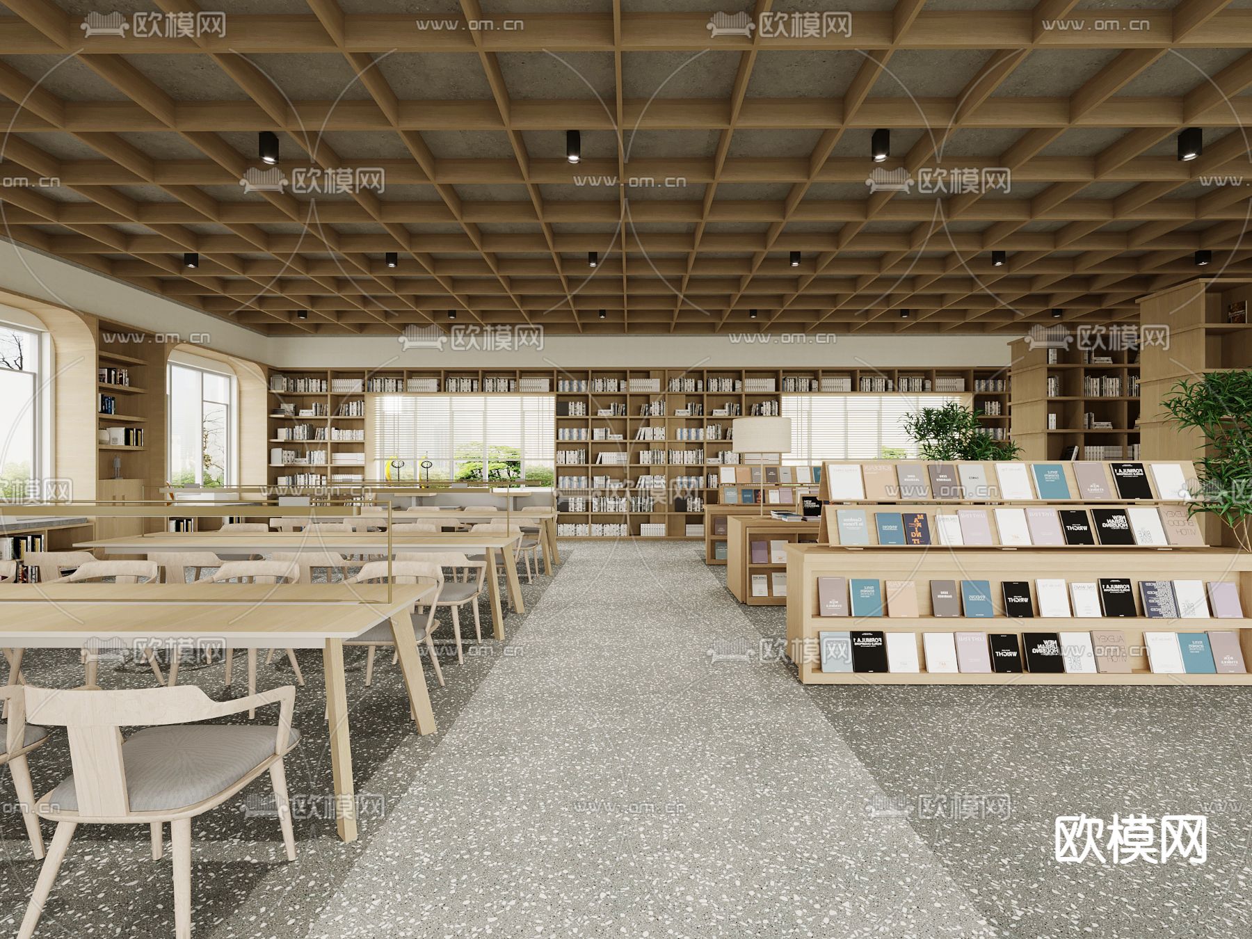 现代图书馆 阅览室 书吧su模型下载（渲染图1）
