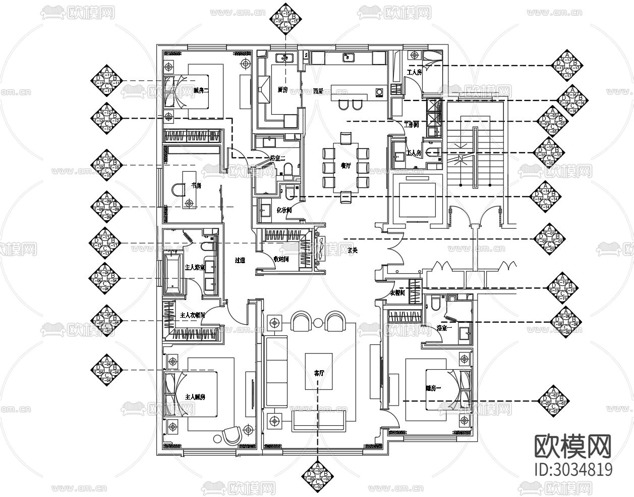 样板房超详细cad施工图下载（渲染图2）