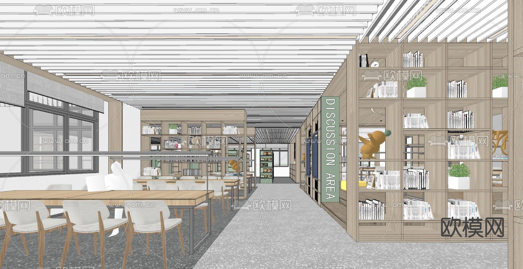 现代图书馆 阅览室 书吧su模型下载（渲染图2）