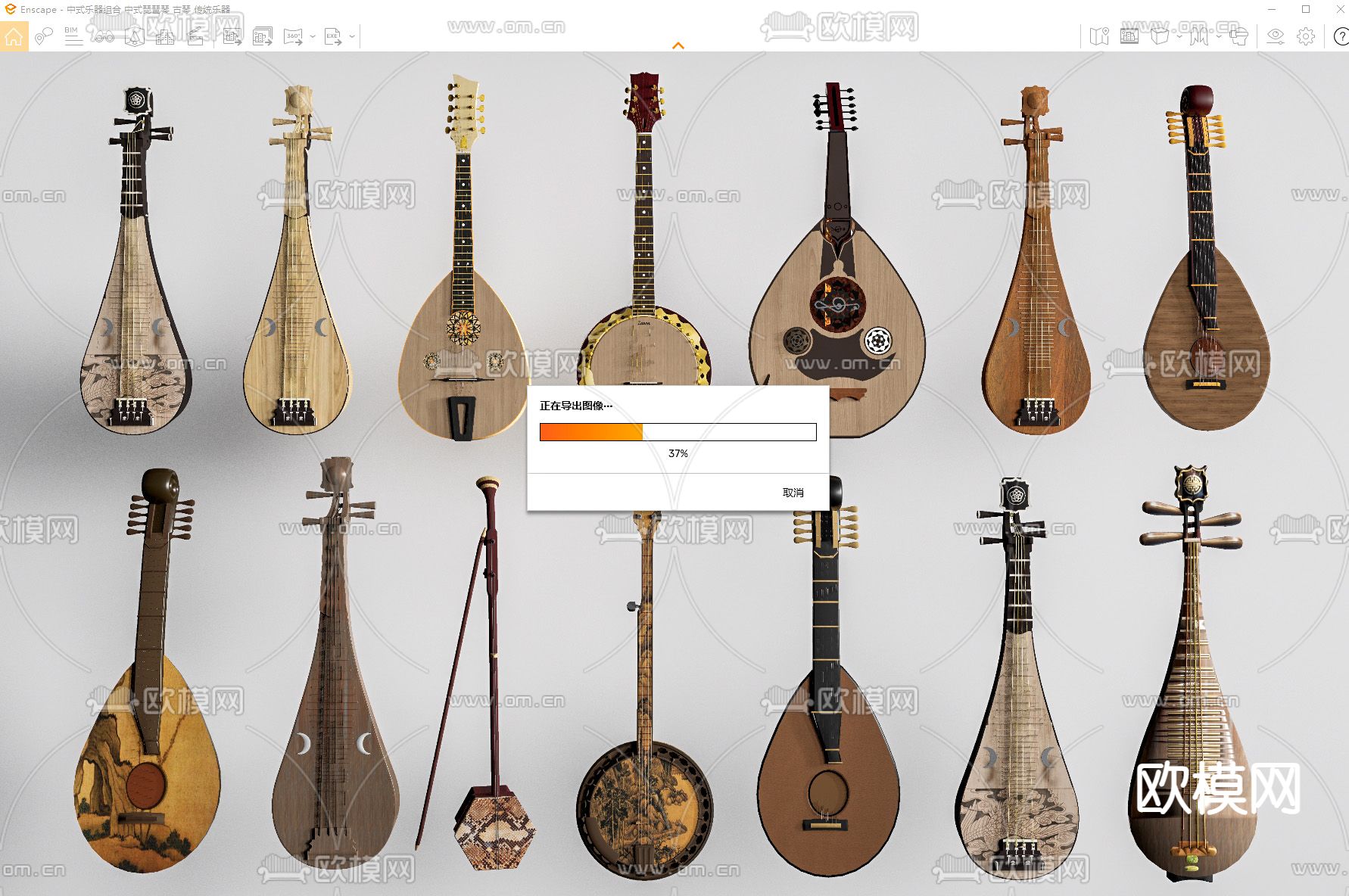 中式乐器 古筝 古琴 腰鼓su模型下载（渲染图2）