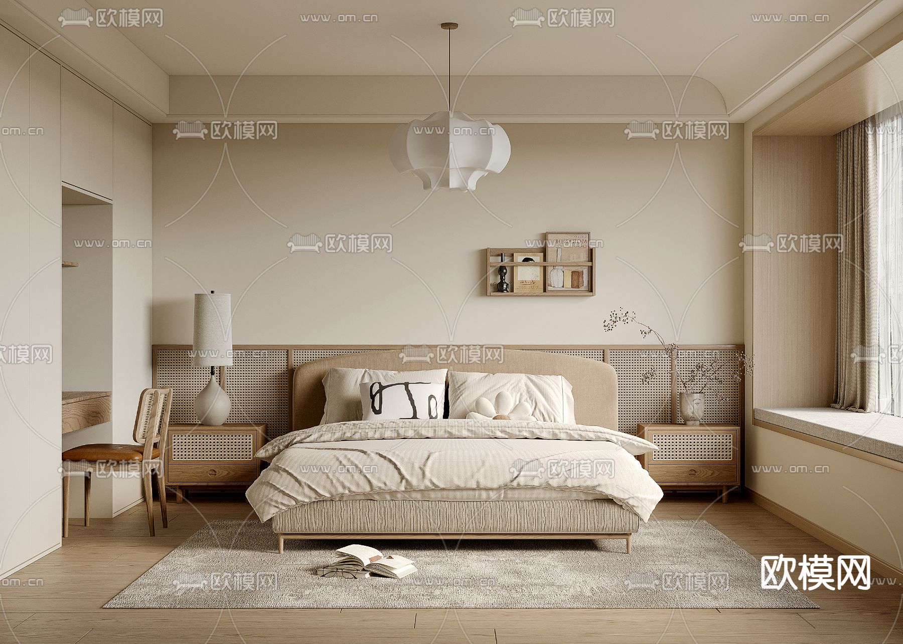 侘寂风卧室 主卧 主人房su模型下载（渲染图1）