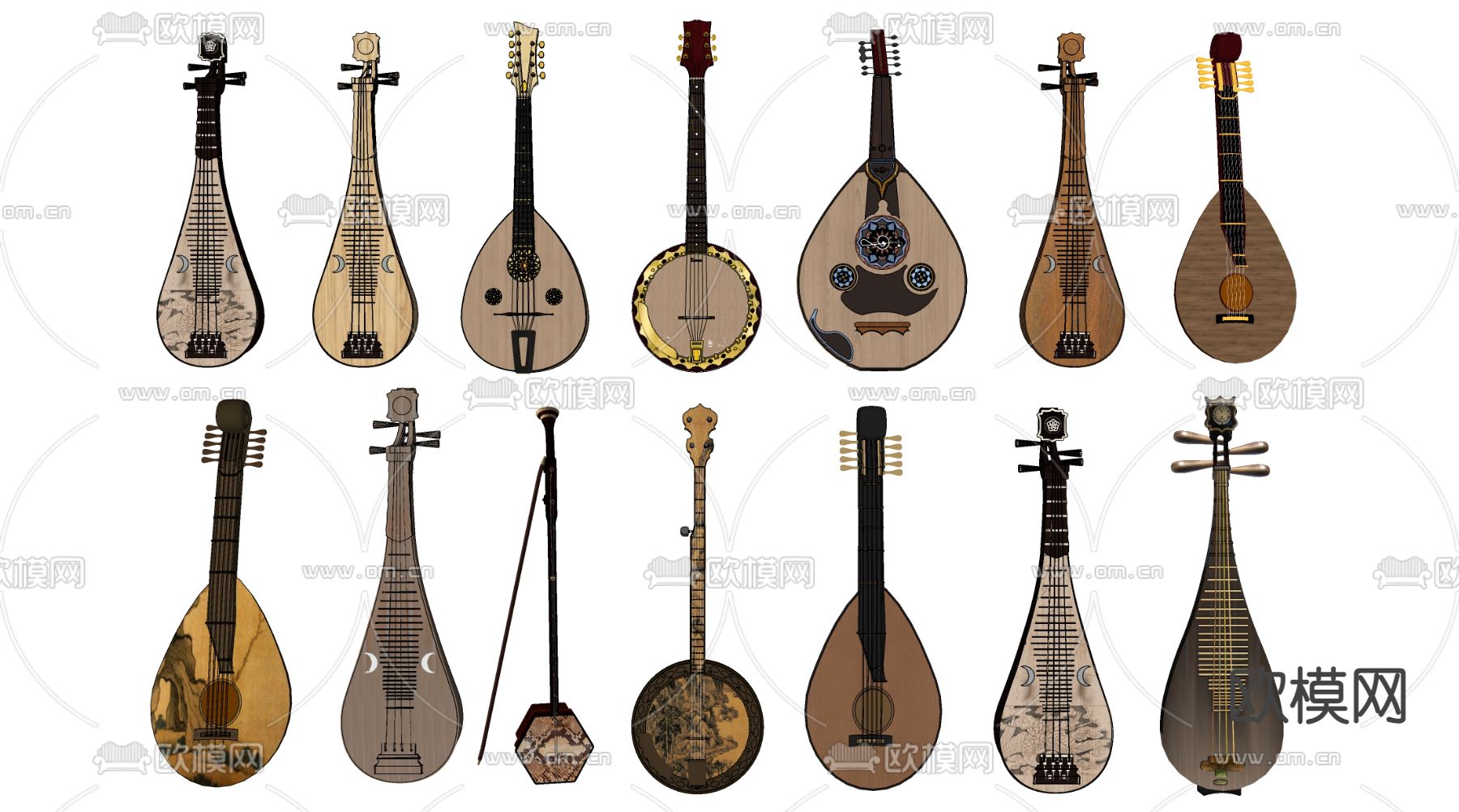 中式乐器 古筝 古琴 腰鼓su模型下载（渲染图3）