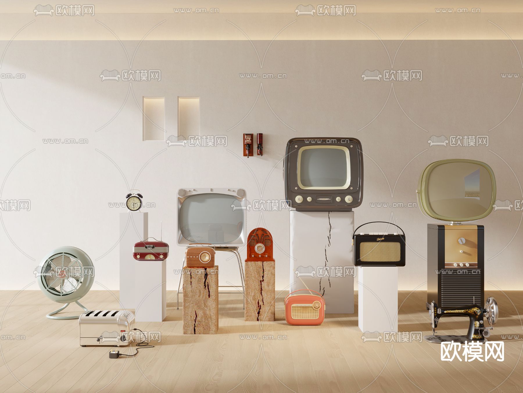 复古风电器 电风扇 电视机 收音机su模型下载（渲染图1）