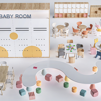  儿童桌椅 课桌 弧形桌椅su模型 