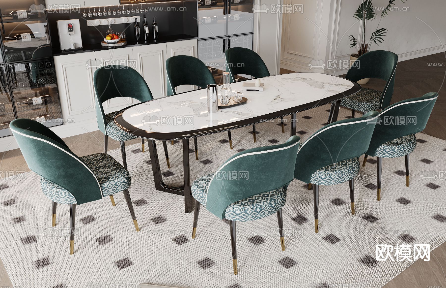 美式餐桌椅 椭圆餐桌3d模型下载