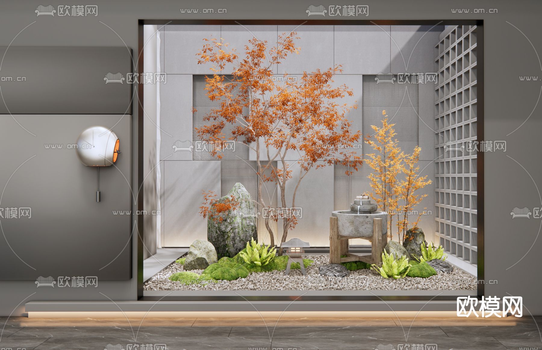 日式枫叶小品 枯山水造景 室内景观造景su模型下载（渲染图1）