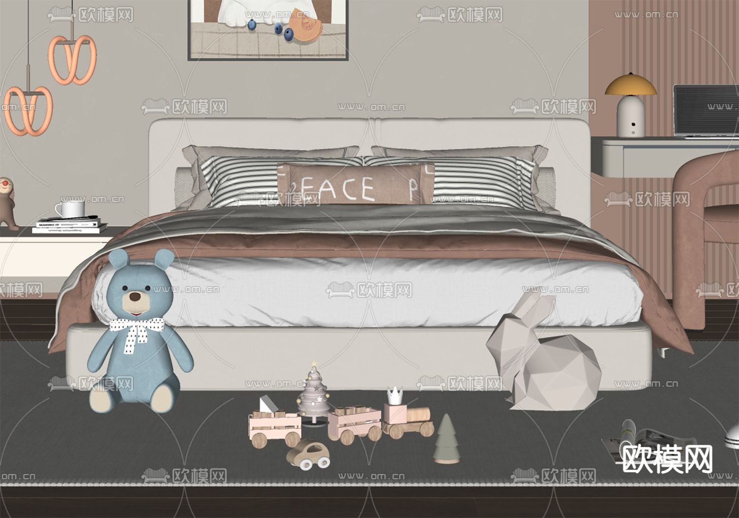 现代儿童床su模型下载（渲染图2）