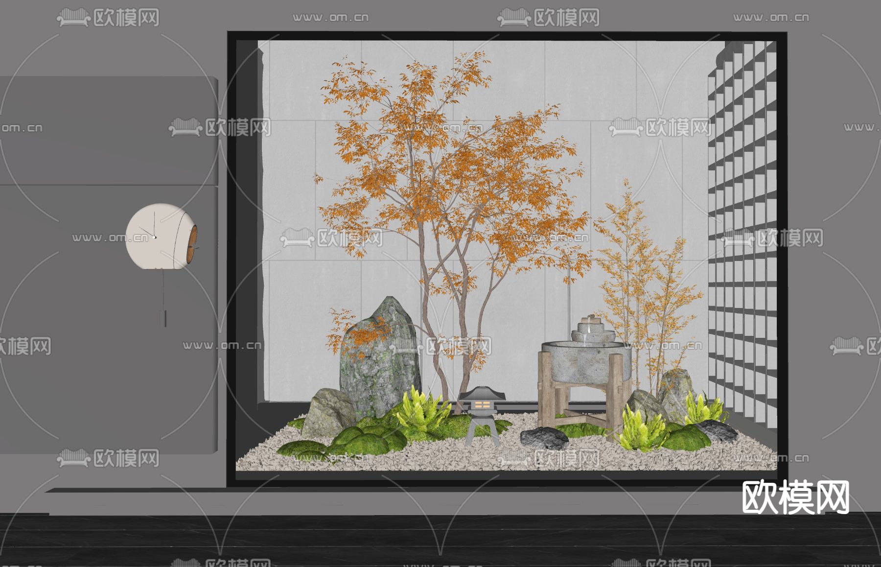 日式枫叶小品 枯山水造景 室内景观造景su模型下载（渲染图2）