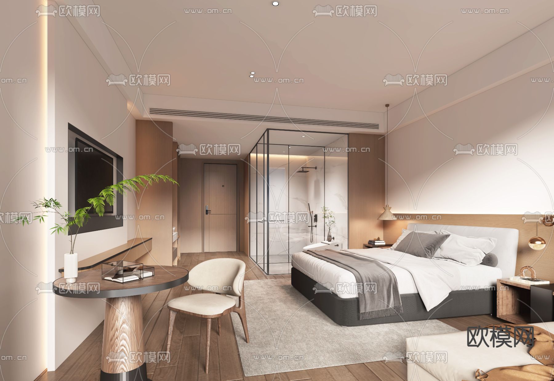 侘寂风卧室 民宿客房su模型下载（渲染图1）