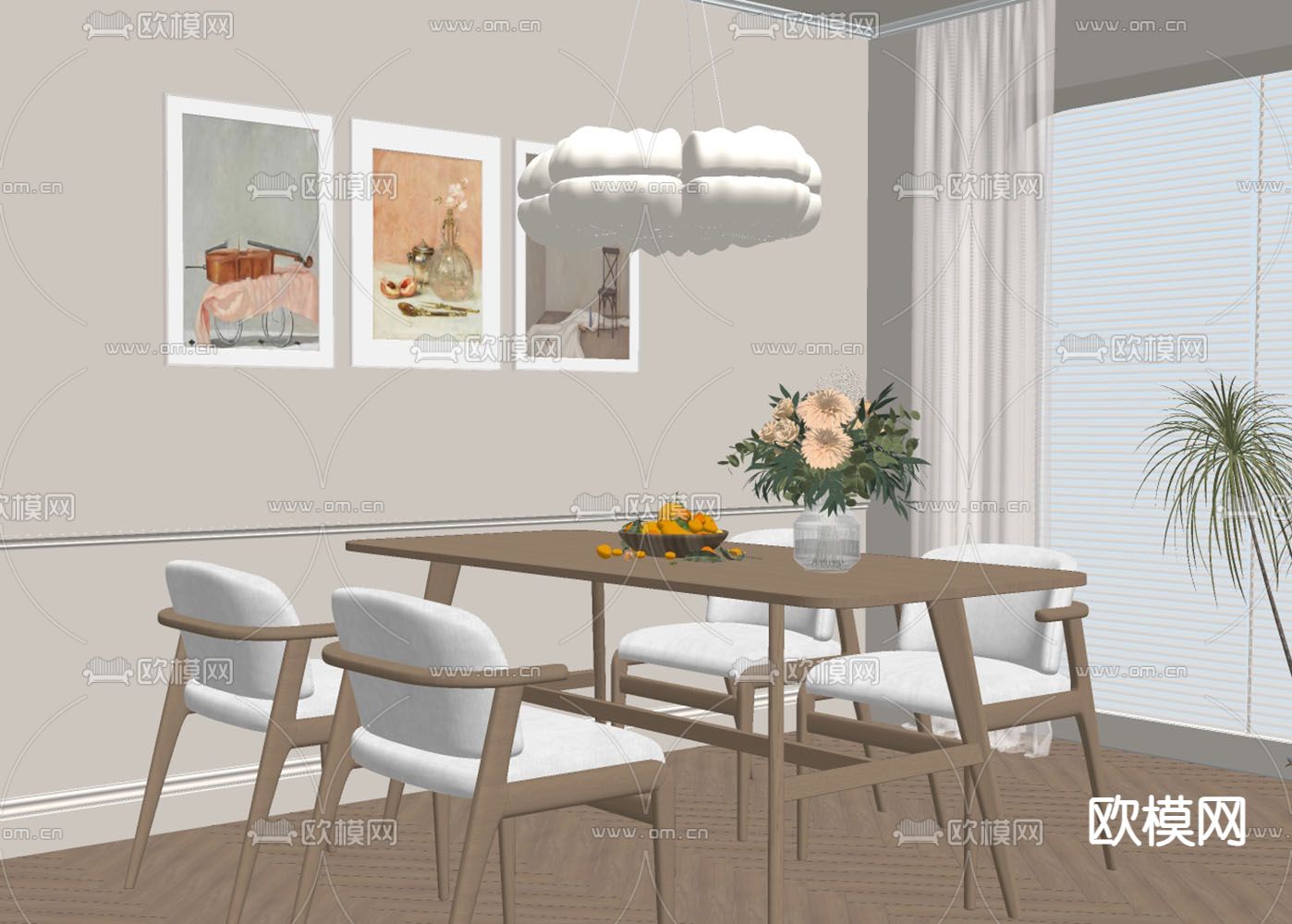 北欧餐桌椅su模型下载（渲染图2）