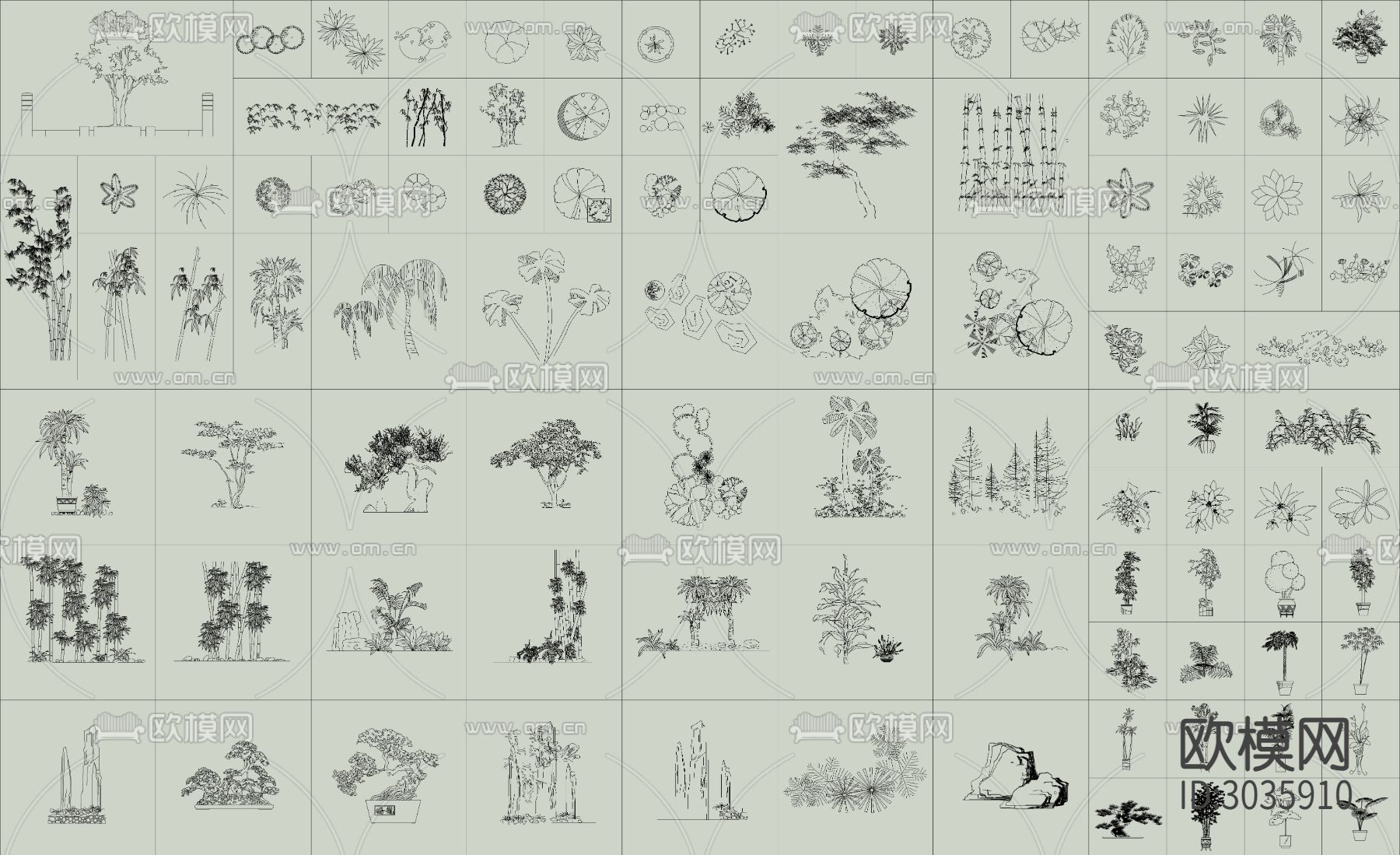 各类植物绿植盆栽盆景平面图块cad图库下载（渲染图2）