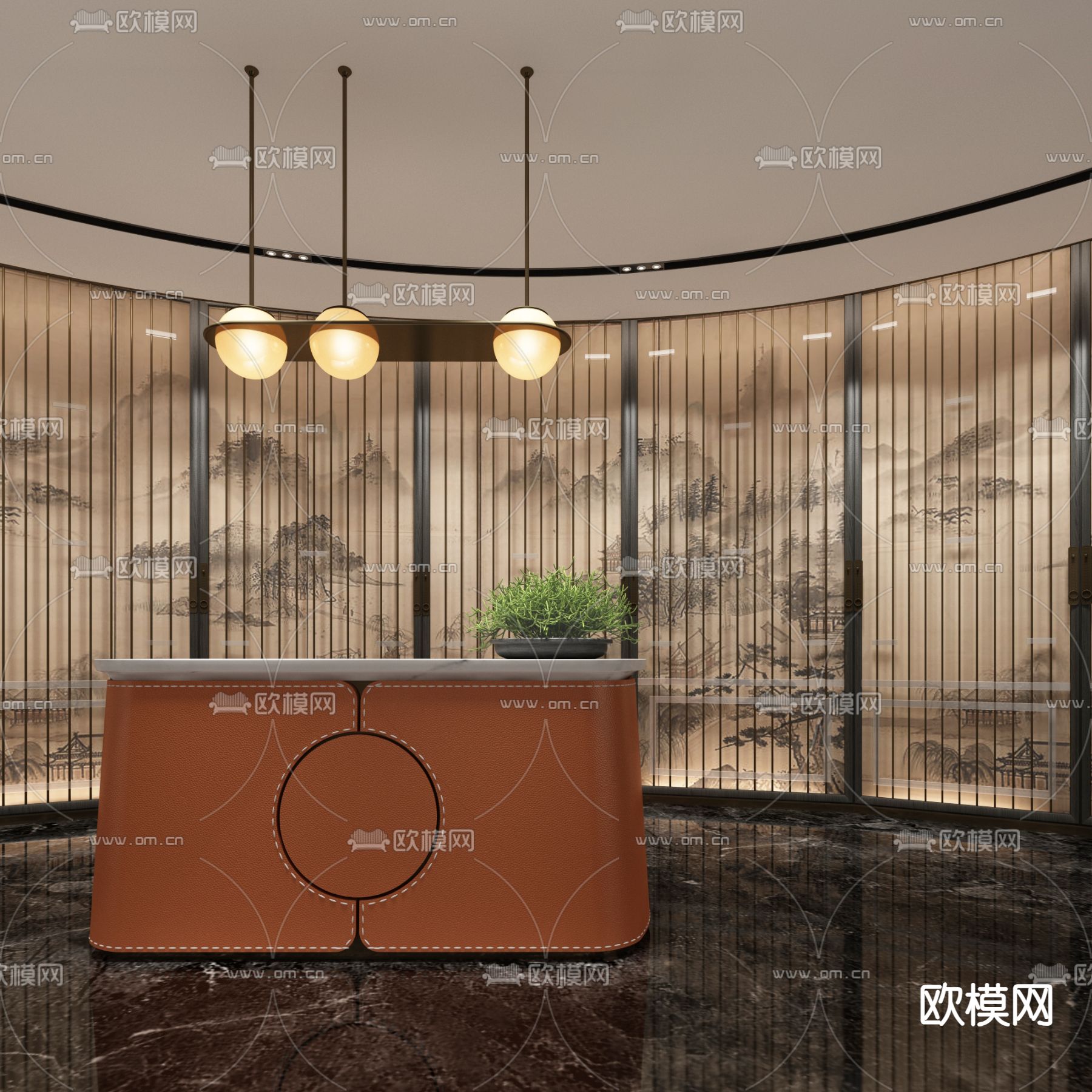 新中式前台 接待台 服务台3d模型下载