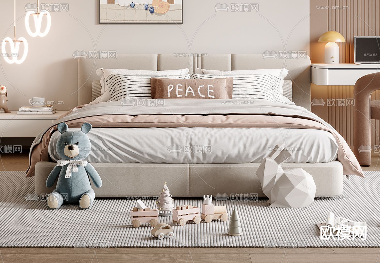 现代儿童床su模型下载（渲染图1）