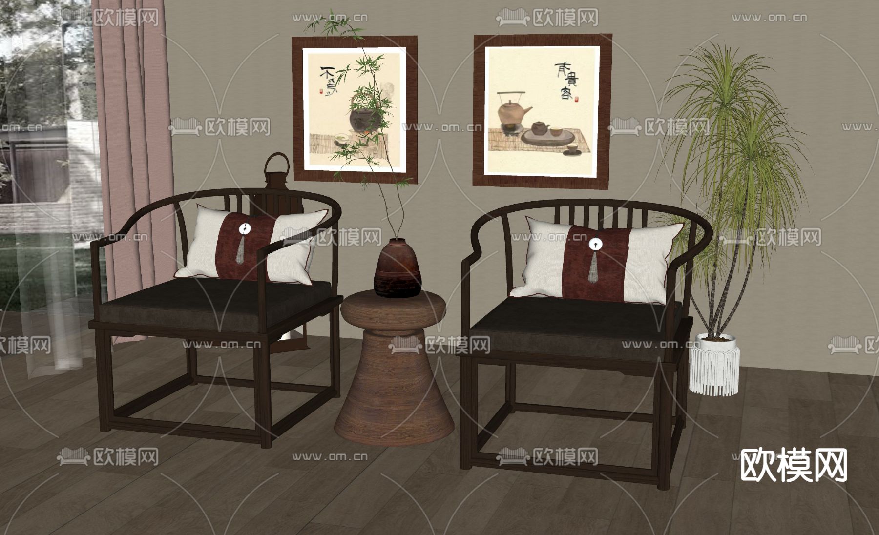 新中式休闲椅su模型下载（渲染图1）
