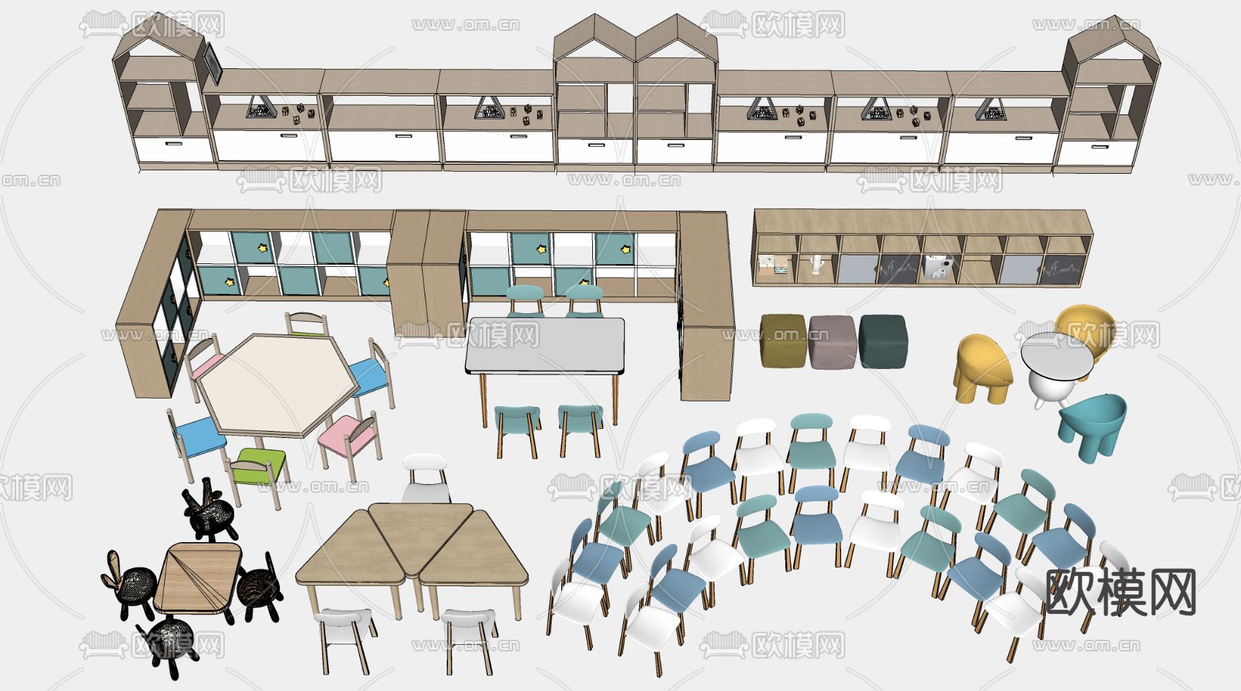 现代儿童桌椅 儿童书柜su模型下载（渲染图1）