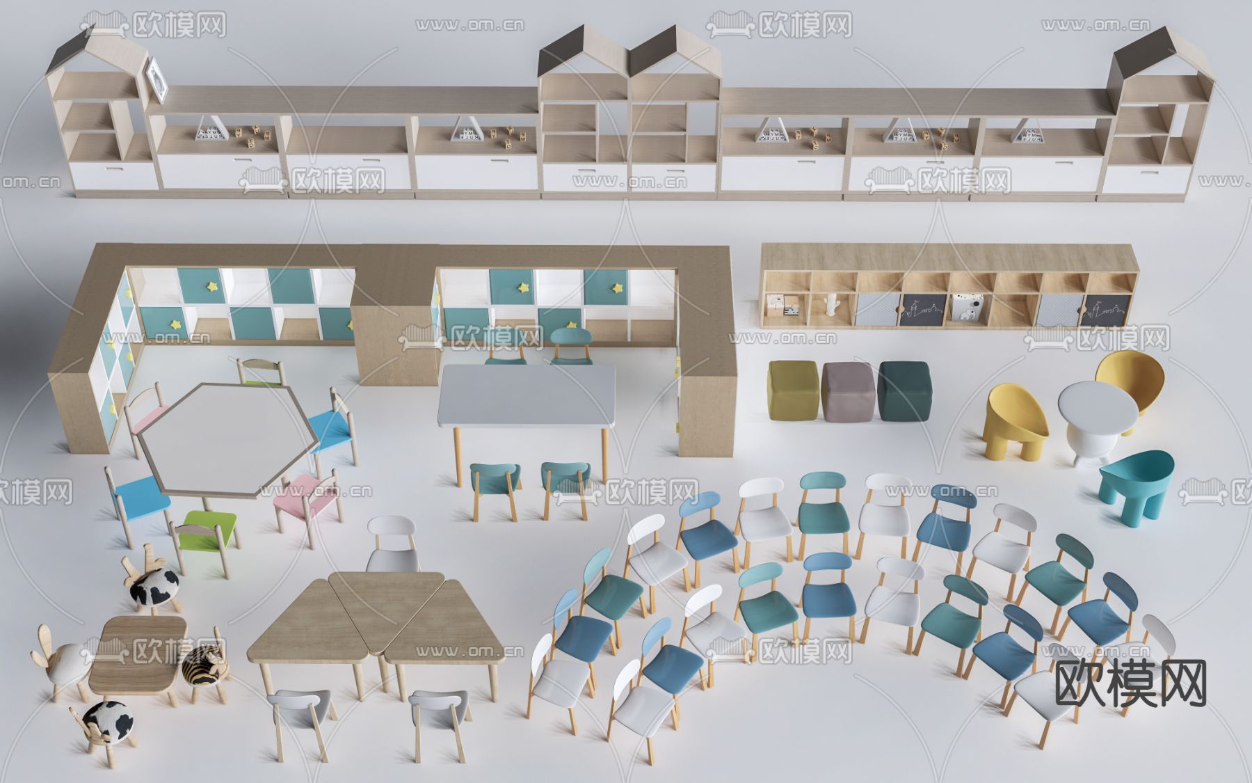 现代儿童桌椅 儿童书柜su模型下载（渲染图3）