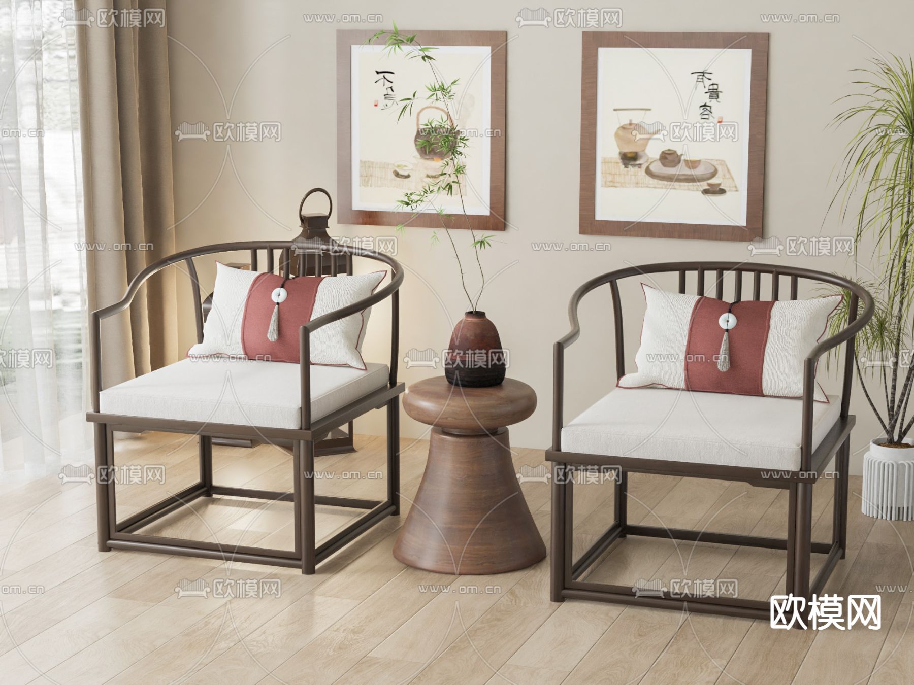 新中式休闲椅su模型下载（渲染图2）