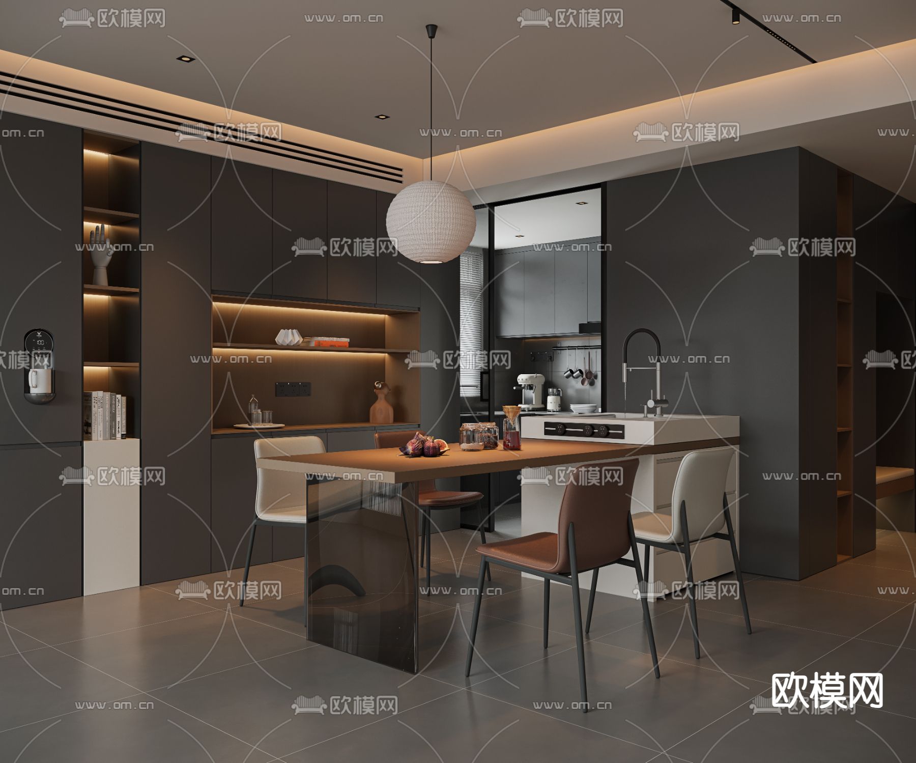 暗黑风餐厅 岛台餐厅3d模型下载