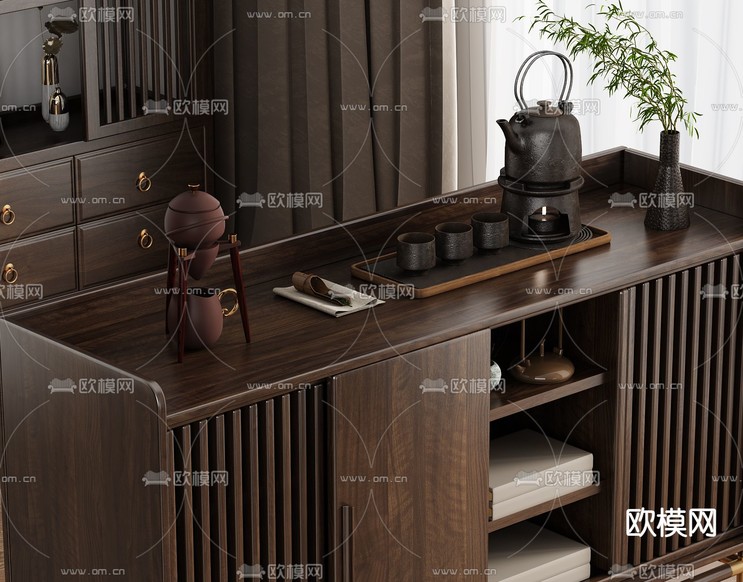 新中式茶水柜 泡茶柜 移动茶台3d模型下载(渲染图2)