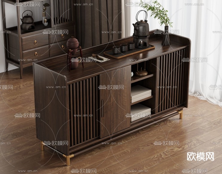 新中式茶水柜 泡茶柜 移动茶台3d模型下载(渲染图1)