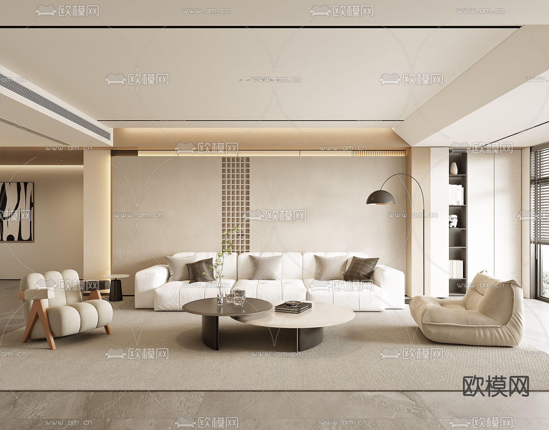 奶油风客厅3d模型下载