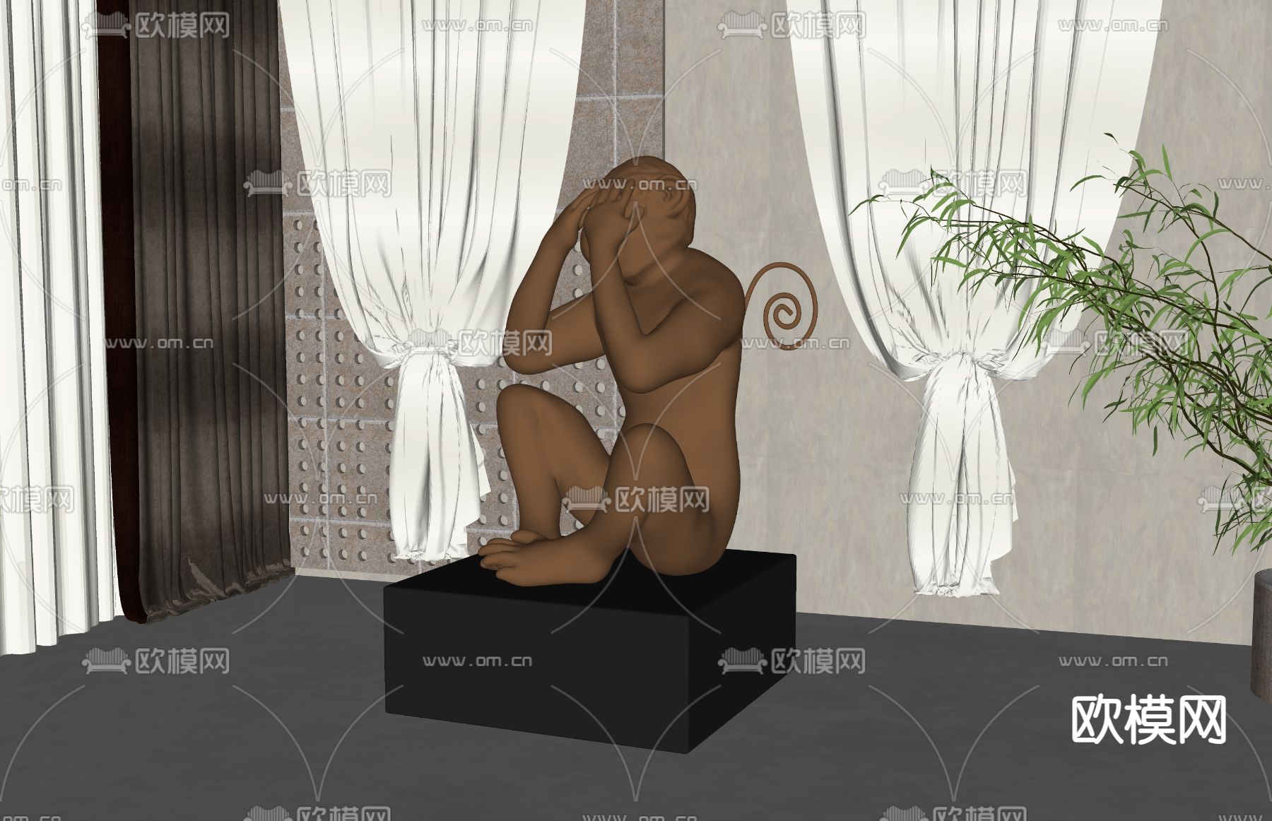 猴子雕塑 摆件su模型下载（渲染图2）