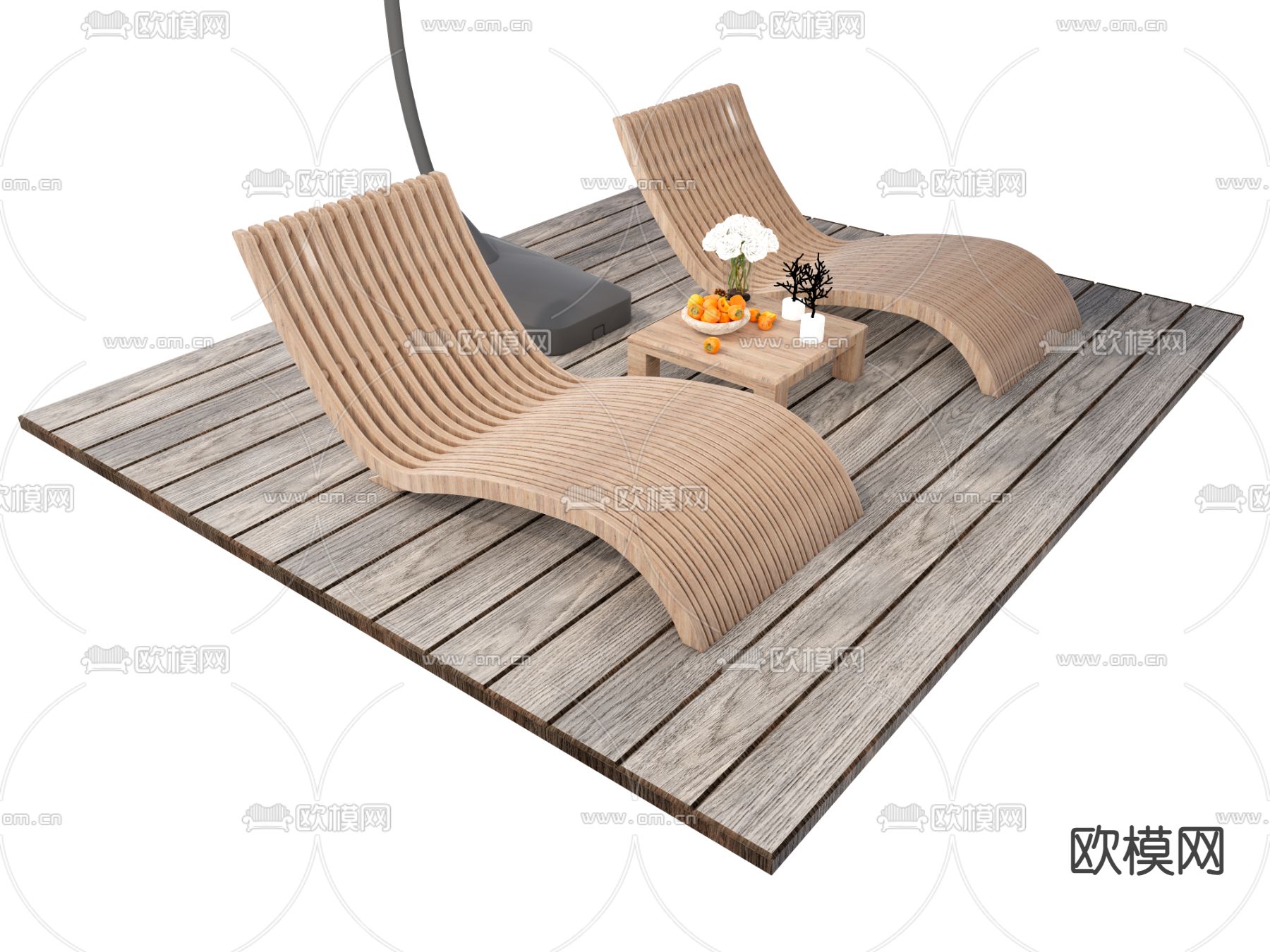 户外躺椅 沙滩椅 遮阳伞su模型下载（渲染图2）