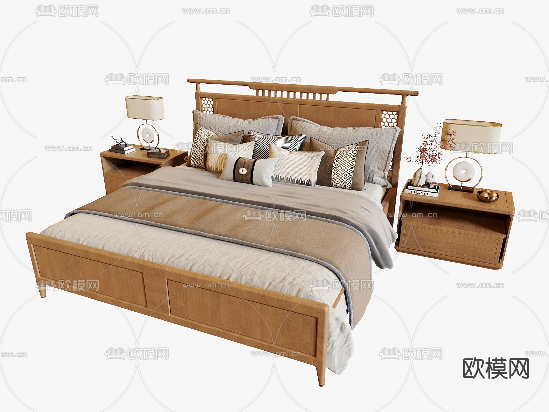 新中式双人床3d模型下载