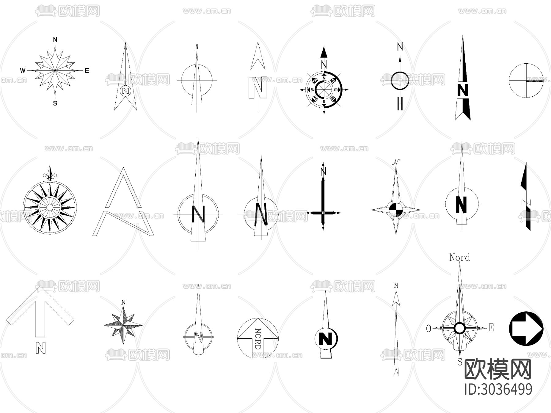 现代指北针图块cad图库下载