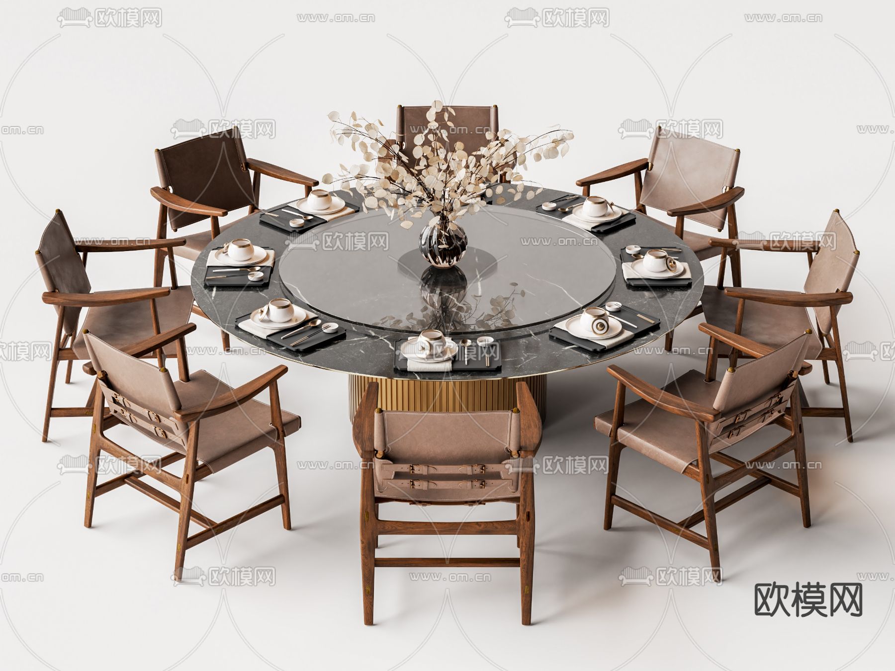 现代餐桌椅 圆餐桌su模型下载（渲染图1）