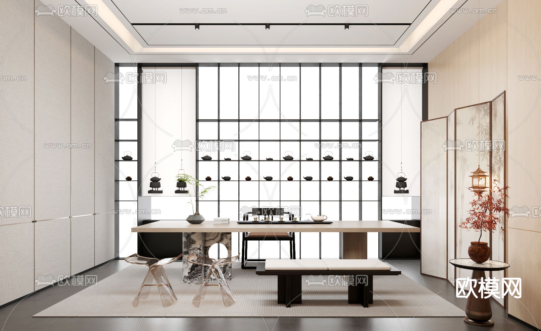 新中式茶室su模型下载（渲染图1）