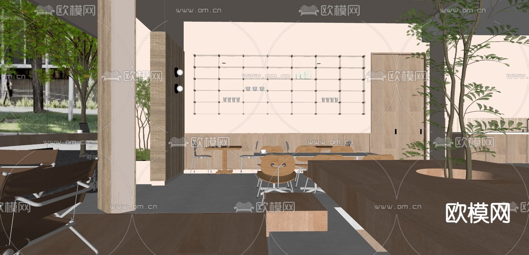 奶油风咖啡店su模型下载（渲染图1）