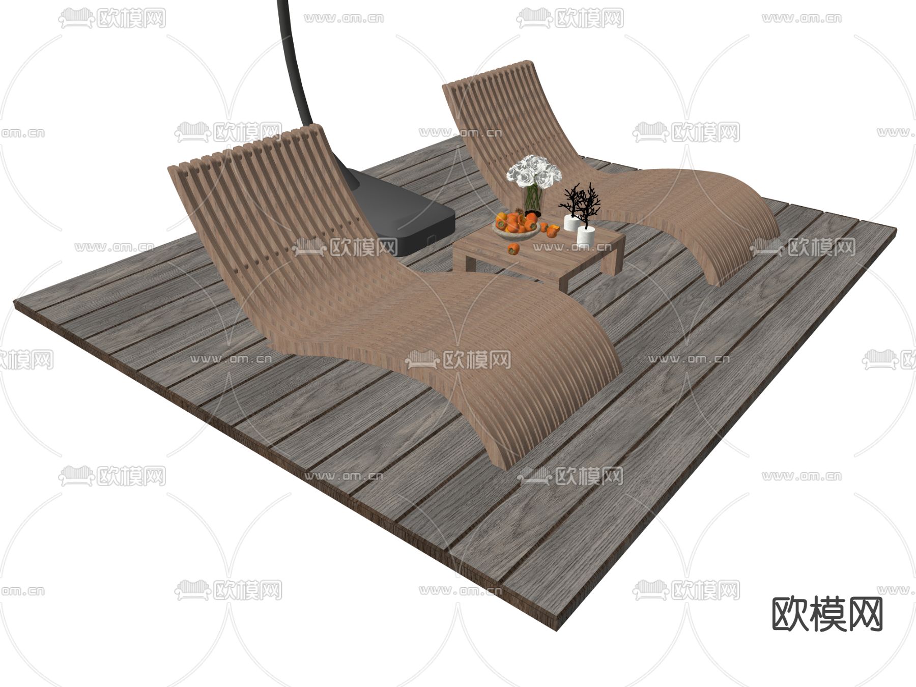 户外躺椅 沙滩椅 遮阳伞su模型下载（渲染图1）