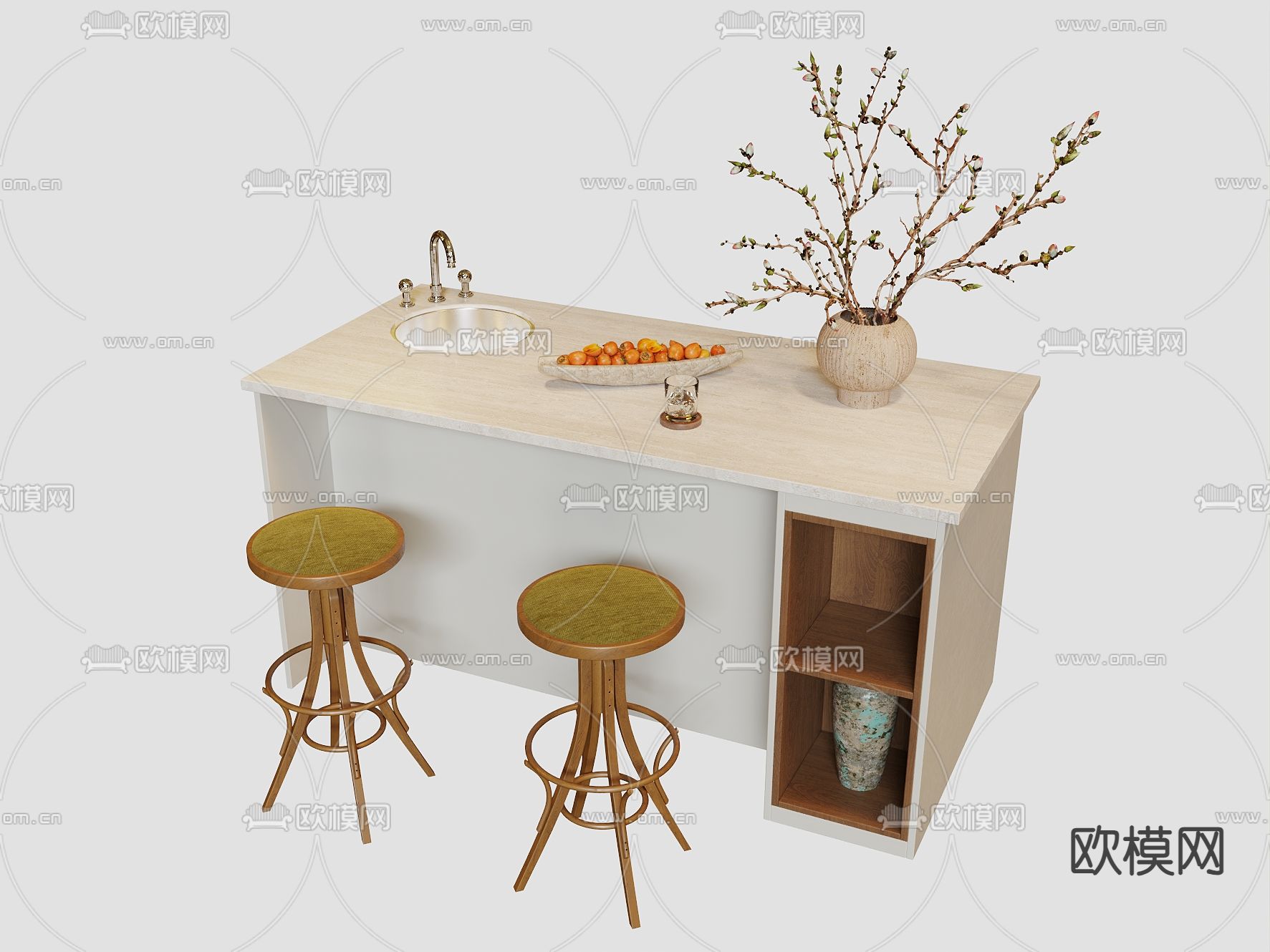 侘寂餐桌椅 中岛台3d模型下载