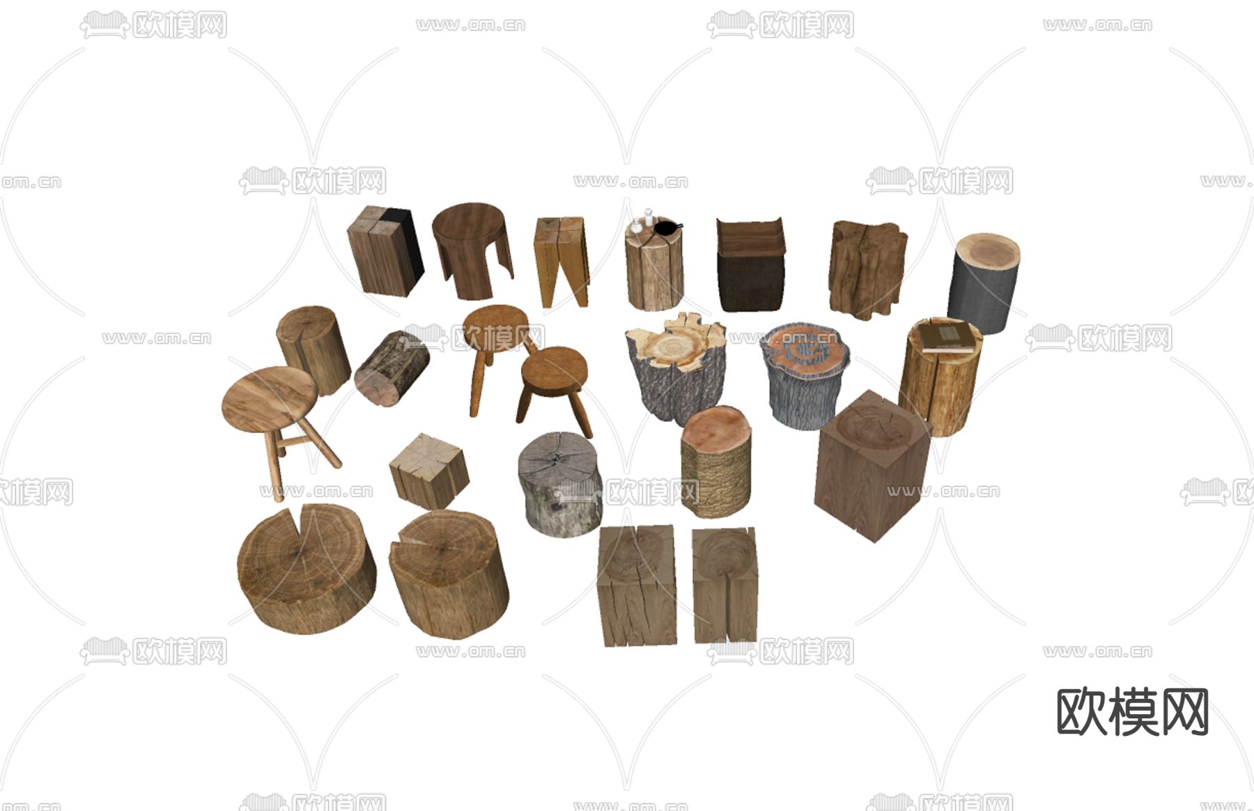 侘寂木头凳 木头树桩su模型下载（渲染图1）