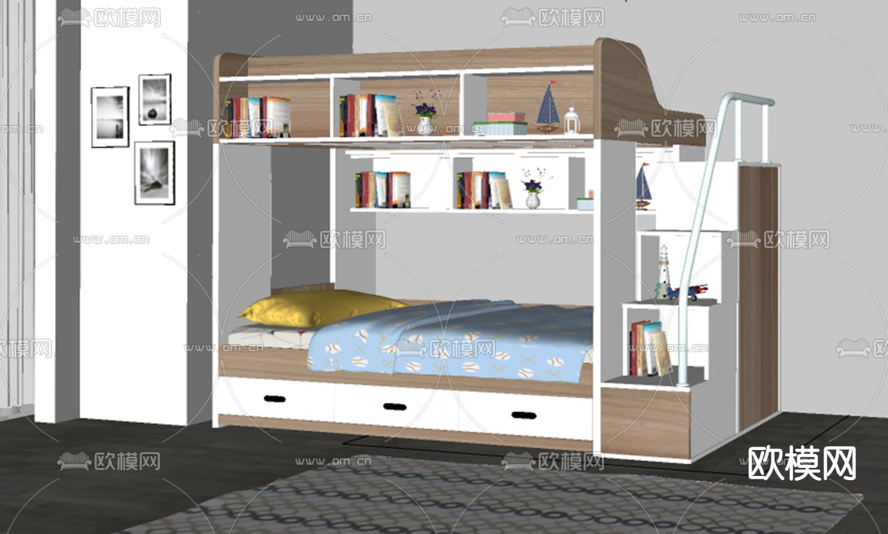 儿童高低床su模型下载（渲染图1）